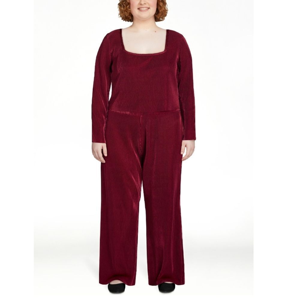 👖Pleated Square Neck Top and Pants Set - Red/Burgundy
